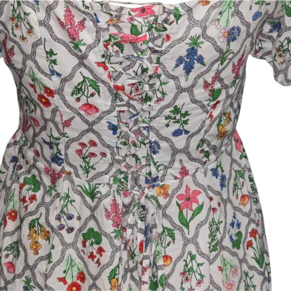 Anthropologie X Moon River Puff Sleeve Corset Midi Dress Ivory Multi Floral Med - Picture 7 of 11